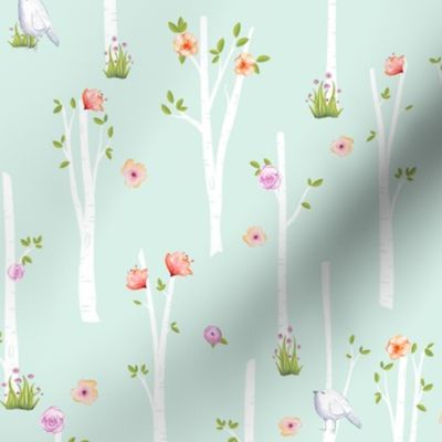 Birch Trees w/ Flowers + Birds (soft mint)