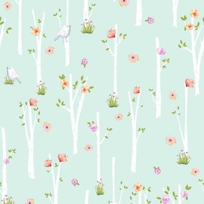 Birch Trees w/ Flowers + Birds (soft mint)