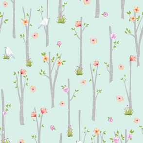 Grey Birch Trees w/ Flowers + Birds (soft mint)