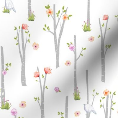 Grey Birch Trees w/ Flowers + Birds