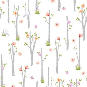 Grey Birch Trees w/ Flowers + Birds