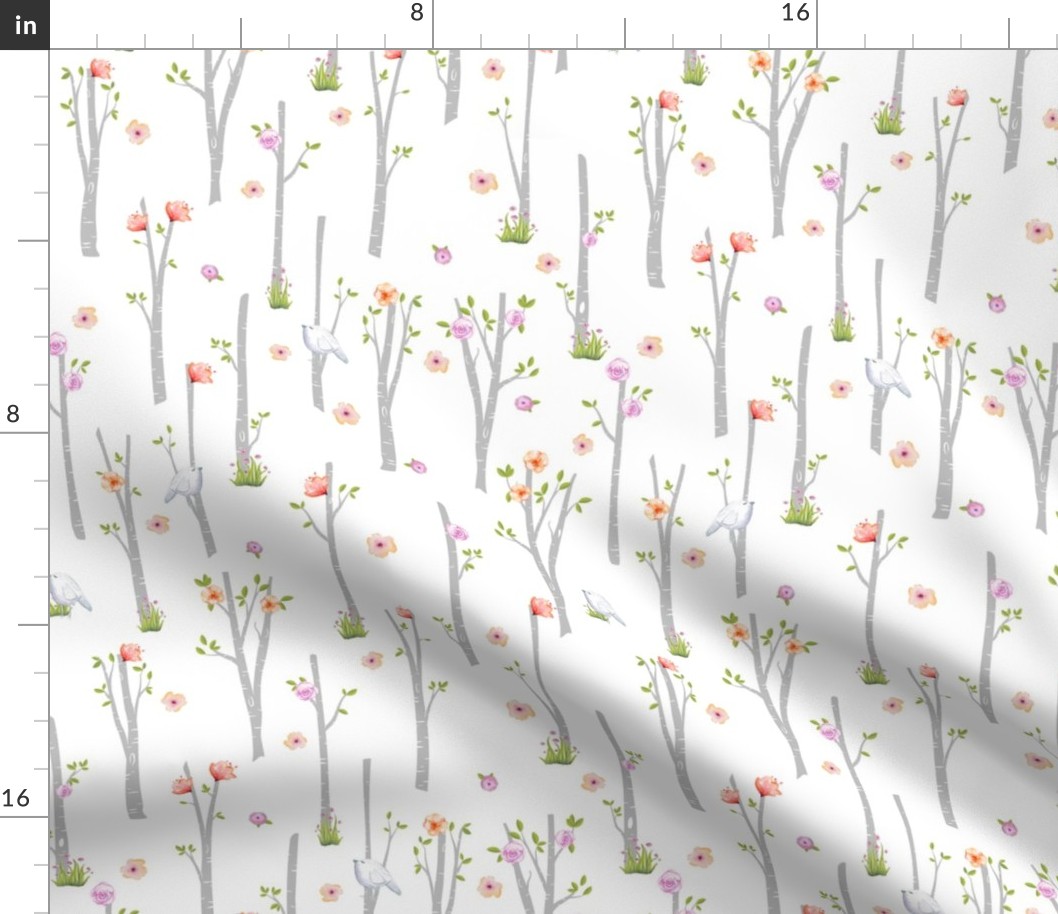 Grey Birch Trees w/ Flowers + Birds