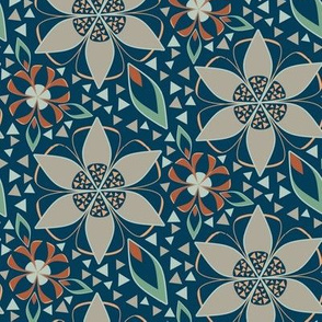 Art Deco Style Floral Print, Star Flowers in Orange, Blue, and Green