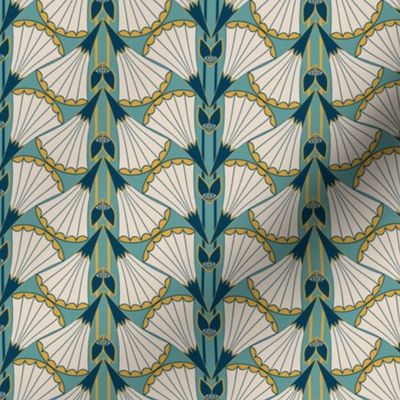 Art Deco Style Trumpet Flower Fans in Teal and Gold Stripes 