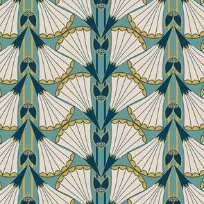 Art Deco Style Trumpet Flower Fans in Teal and Gold Stripes 
