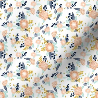 florals peach navy blue mint gold flowers painted floral painted flowers fabric nursery floral fabric (smaller)