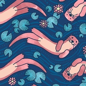 Otter and Water Lily Blue and Pink