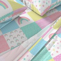 rainbow cheater quilt - 6" quilt squares - wholecloth patchwork crib blanket baby girl pastel baby fabric