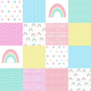 rainbow cheater quilt - 6" quilt squares - wholecloth patchwork crib blanket baby girl pastel baby fabric