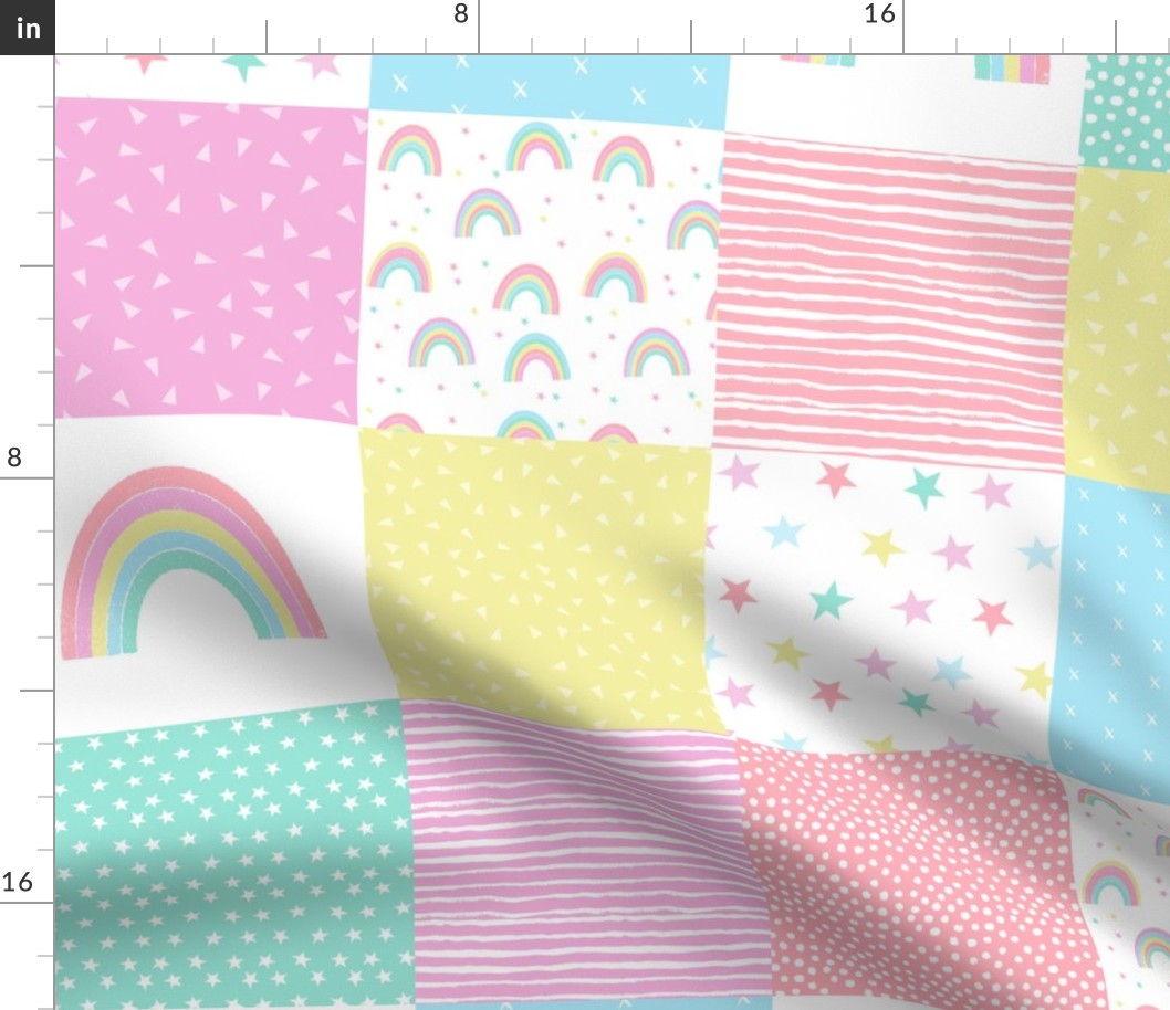 rainbow cheater quilt - 6" quilt squares - wholecloth patchwork crib blanket baby girl pastel baby fabric