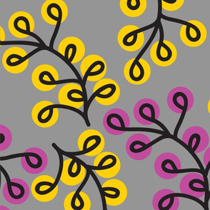 YELLOW AND PURPLE BERRIES ON GRAY