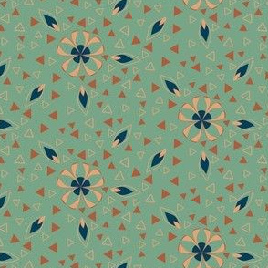 Triangles and Flowers in Orange and Green Art Deco Style 