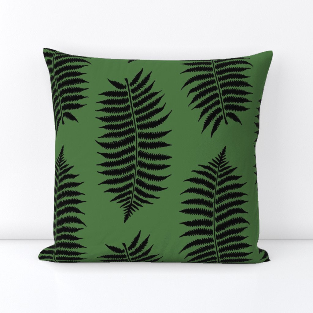 Large Black Fern Leaf Silhouettes on Fern Green