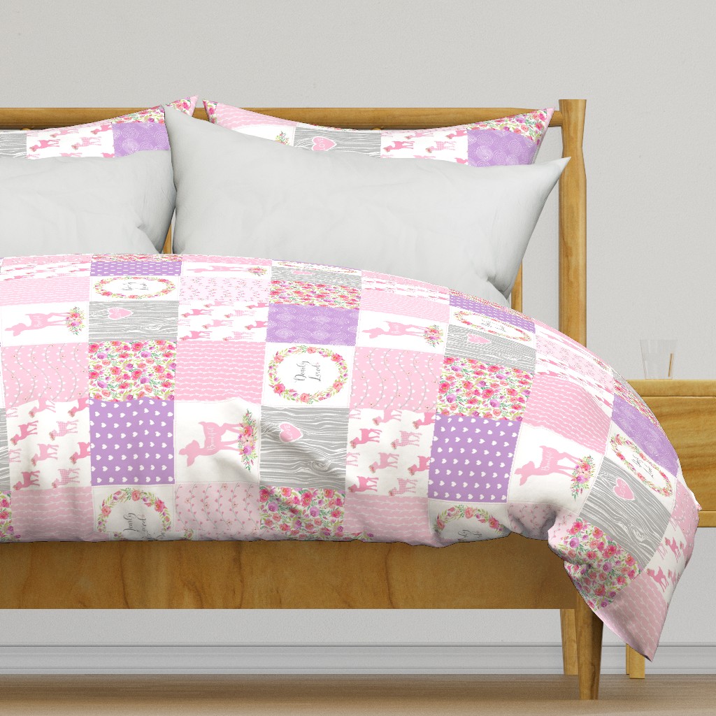 Dearly Loved Fawn Cheater Quilt Fabric - Baby Girl Nursery (pink lavender gray) ROTATED