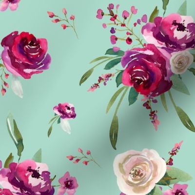 mint deep pink watercolor floral