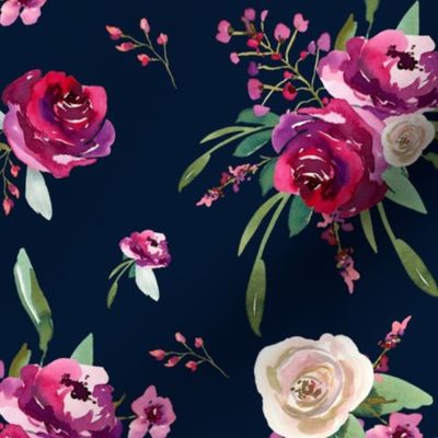 navy blue deep pink watercolor floral 