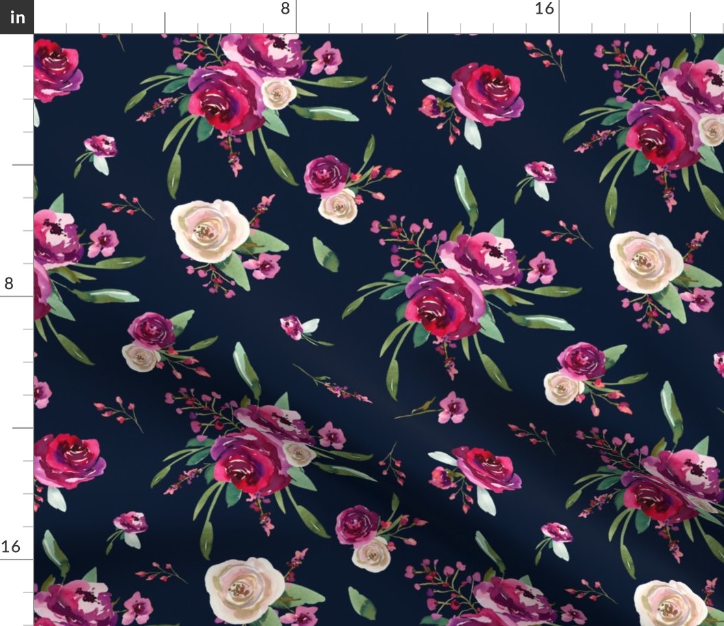 navy blue deep pink watercolor floral 