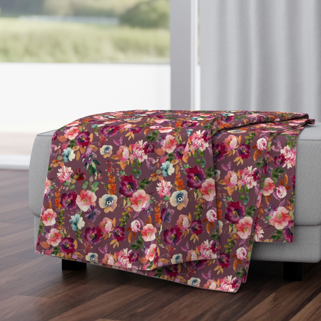 Mauve Fall Floral Teal Orange  Fall Autumn Flowers Fall Fabric Wine Green