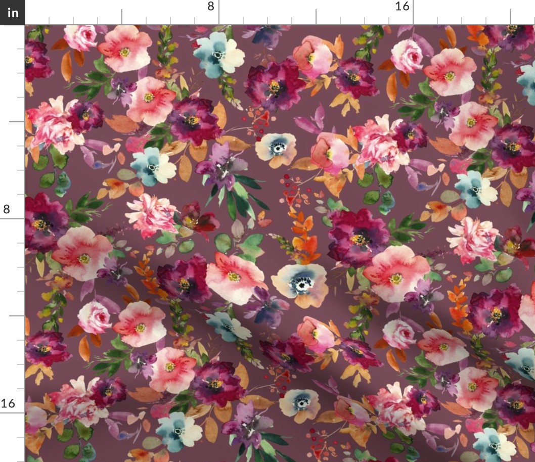 Mauve Fall Floral Teal Orange  Fall Autumn Flowers Fall Fabric Wine Green