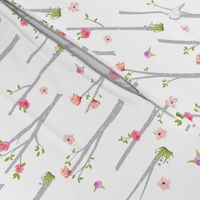 Grey Birch Trees w/ Flowers + Birds, pink + coral flowers