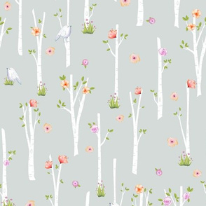 Birch Trees w/ Flowers + Birds (frost gray)