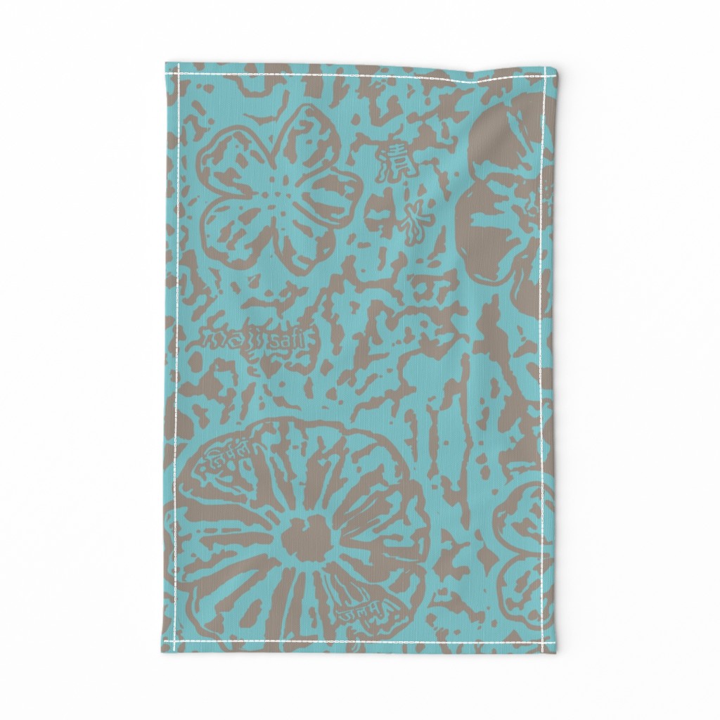 24" LARGE Aqua Taupe Floral Block Print