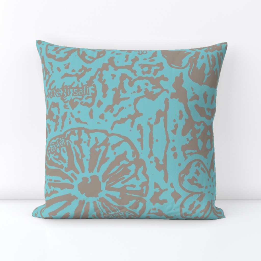 24" LARGE Aqua Taupe Floral Block Print