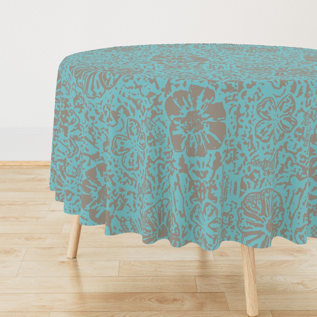 24" LARGE Aqua Taupe Floral Block Print