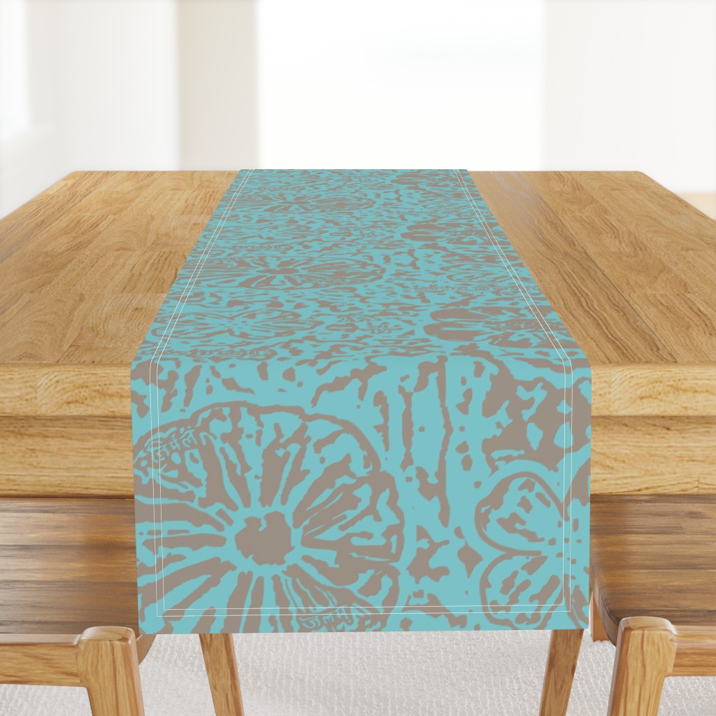 24" LARGE Aqua Taupe Floral Block Print