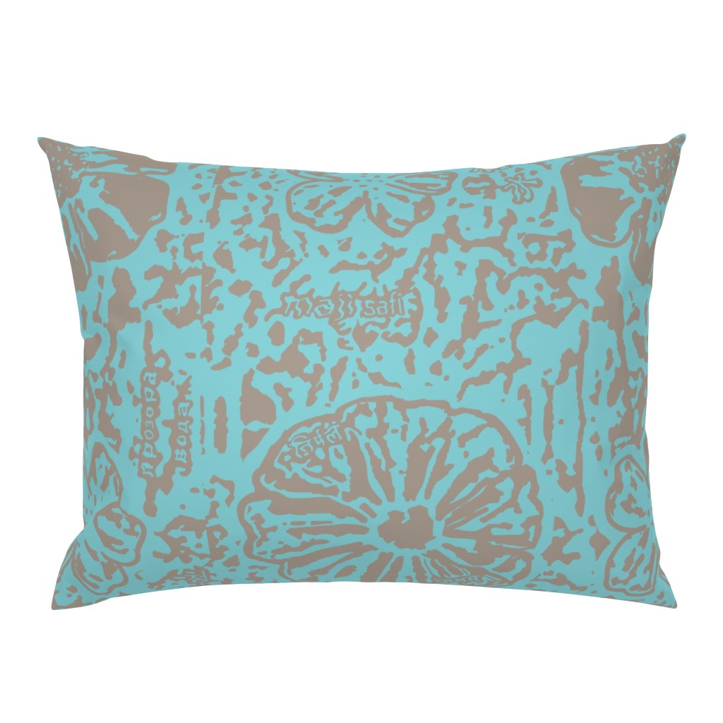 24" LARGE Aqua Taupe Floral Block Print