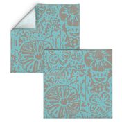 24" LARGE Aqua Taupe Floral Block Print