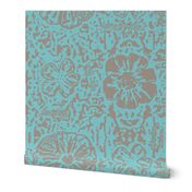 24" LARGE Aqua Taupe Floral Block Print