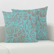 24" LARGE Aqua Taupe Floral Block Print