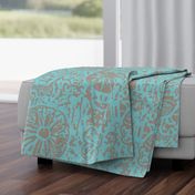 24" LARGE Aqua Taupe Floral Block Print