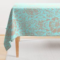 24" LARGE Aqua Taupe Floral Block Print