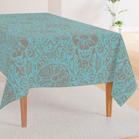 24" LARGE Aqua Taupe Floral Block Print