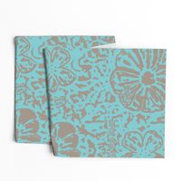 24" LARGE Aqua Taupe Floral Block Print