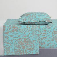 24" LARGE Aqua Taupe Floral Block Print