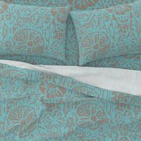 24" LARGE Aqua Taupe Floral Block Print