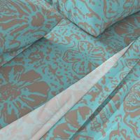 24" LARGE Aqua Taupe Floral Block Print