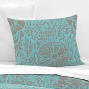 24" LARGE Aqua Taupe Floral Block Print