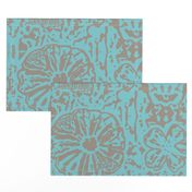 24" LARGE Aqua Taupe Floral Block Print