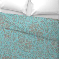 24" LARGE Aqua Taupe Floral Block Print