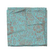 24" LARGE Aqua Taupe Floral Block Print