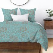 24" LARGE Aqua Taupe Floral Block Print