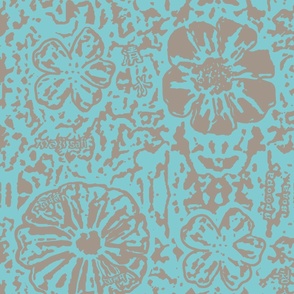 24" LARGE Aqua Taupe Floral Block Print