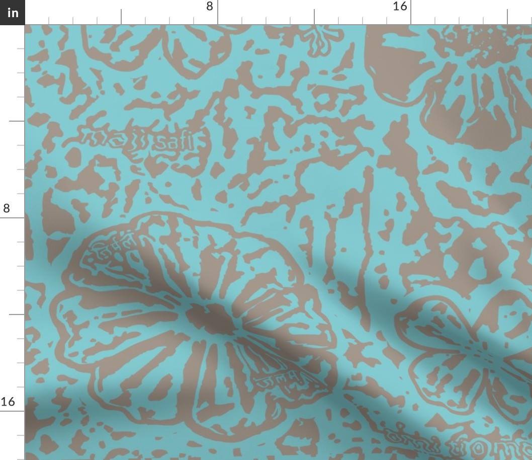 24" LARGE Aqua Taupe Floral Block Print