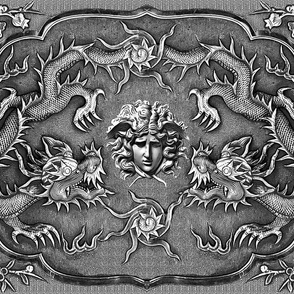 double pair dragons inspired  baroque rococo black flowers floral filigree clouds sun fire flames pearl monochrome black white grey gray asian japanese china gorgons Greek Greece mythology far east meets west fusion oriental chinoiserie medusa   