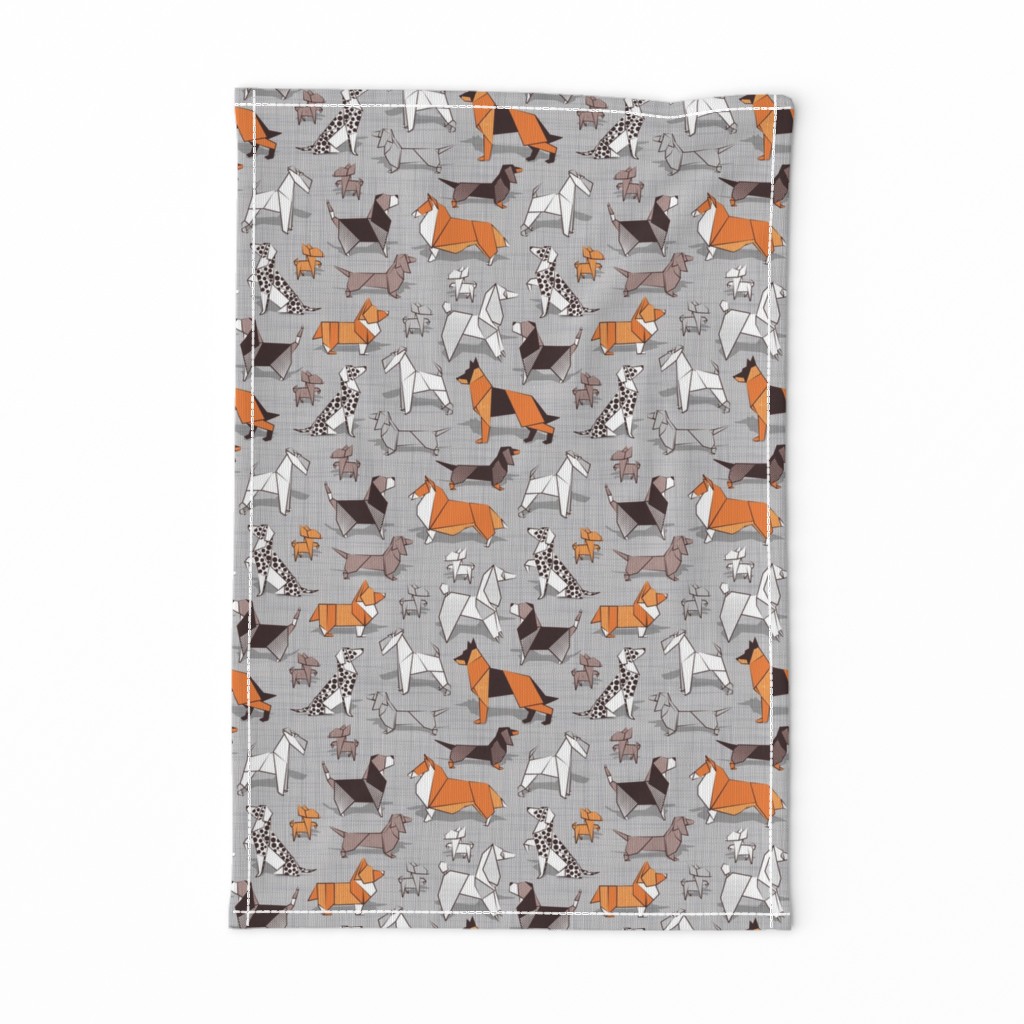 Small scale // Origami doggie friends // grey linen texture background paper dogs