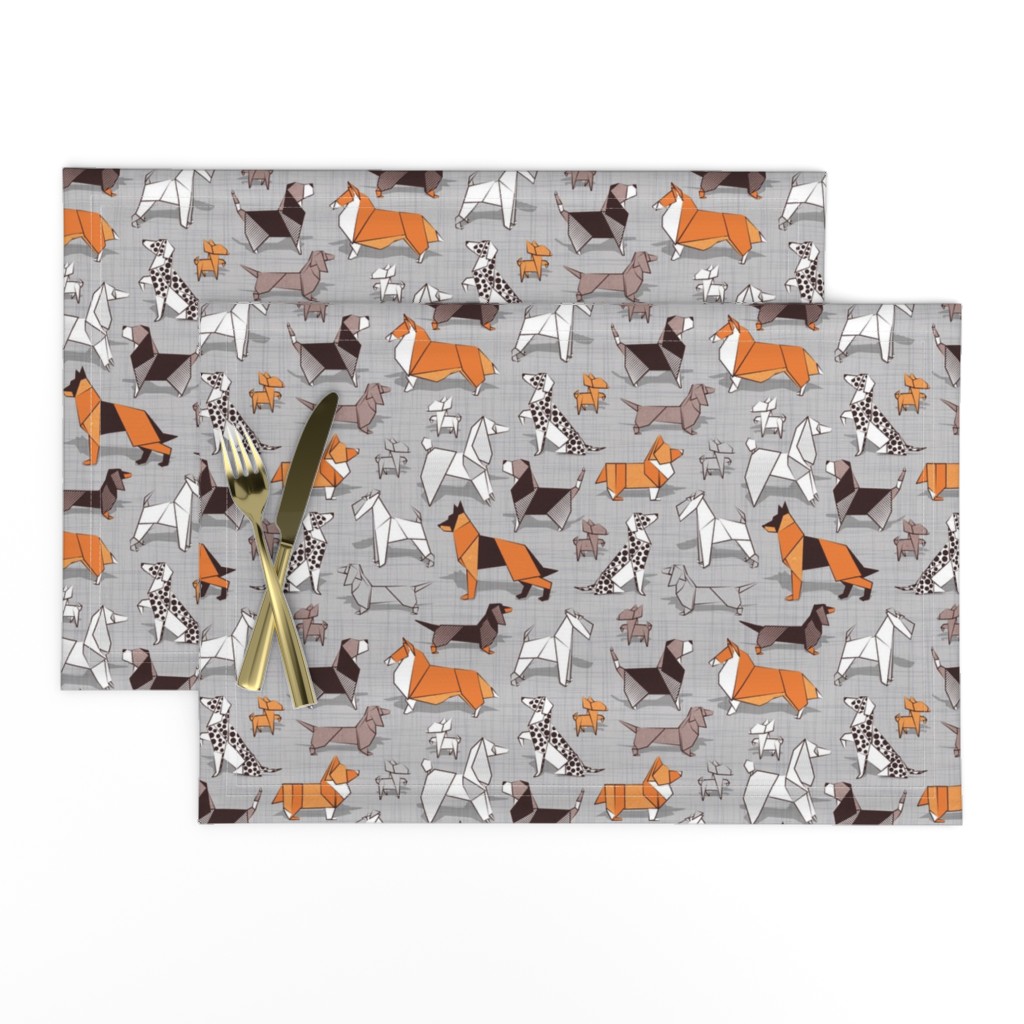 Small scale // Origami doggie friends // grey linen texture background paper dogs